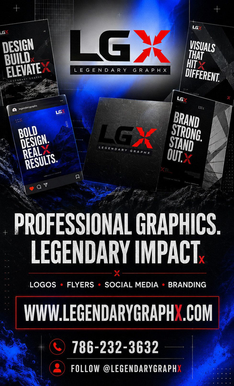 Blue black and red Legendary GraphX professional graphics campaign
